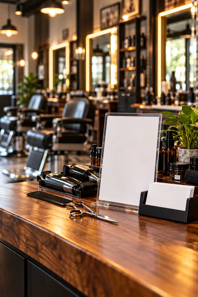 A barbershop counter with a booking QR code on an acrylic sign